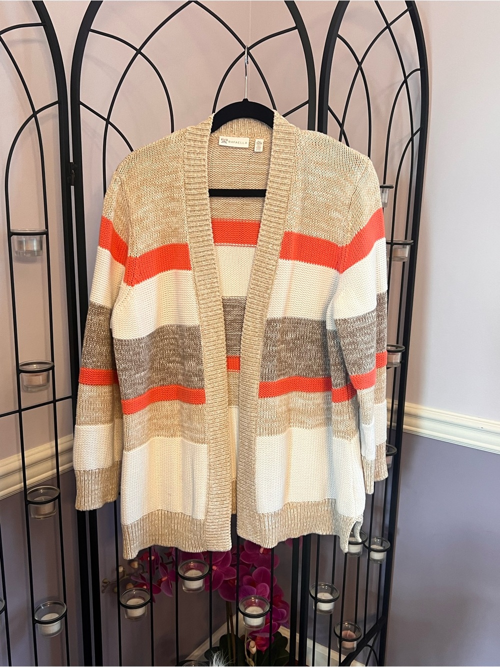 Rafaella Open-Front Striped Cardigan Sweater in Cream, Tan & Orange
